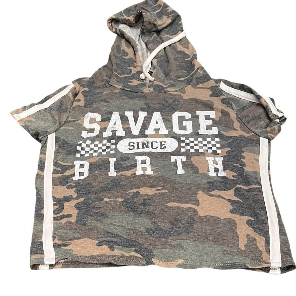 Camo Print Women's Hoodie with 'Savage Since Birth' Design